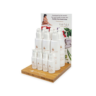 Wood POS Produk SkinCare Bamboo Counter Top Display Rack Cleanser Oil Boutique